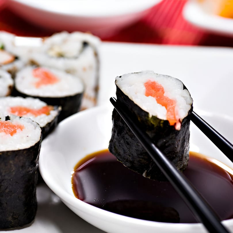 Chopsticks holding a sushi roll with pink filling, dipping it into a white dish of soy sauce.